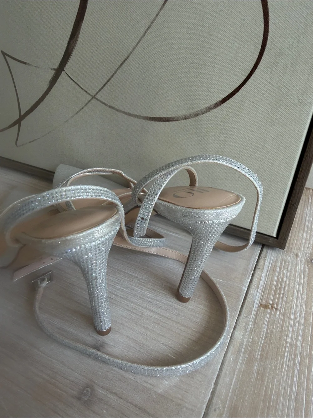 NWOT J . Lo Silver Glitter Strappy Pointed Heels with Ankle Strap